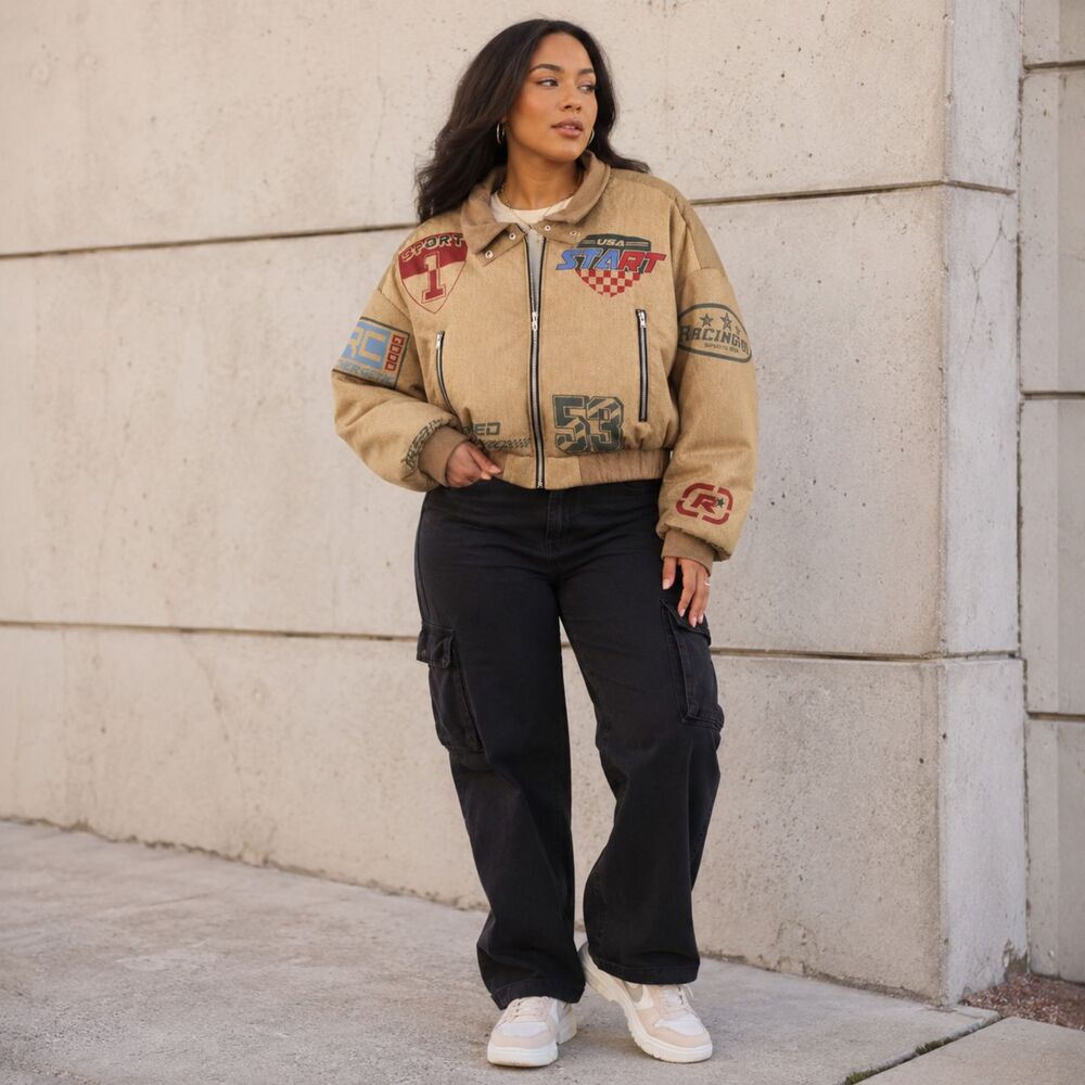 SHEIN Curve Racing Bomber Jacket 0XL Cropped Moto Graphic